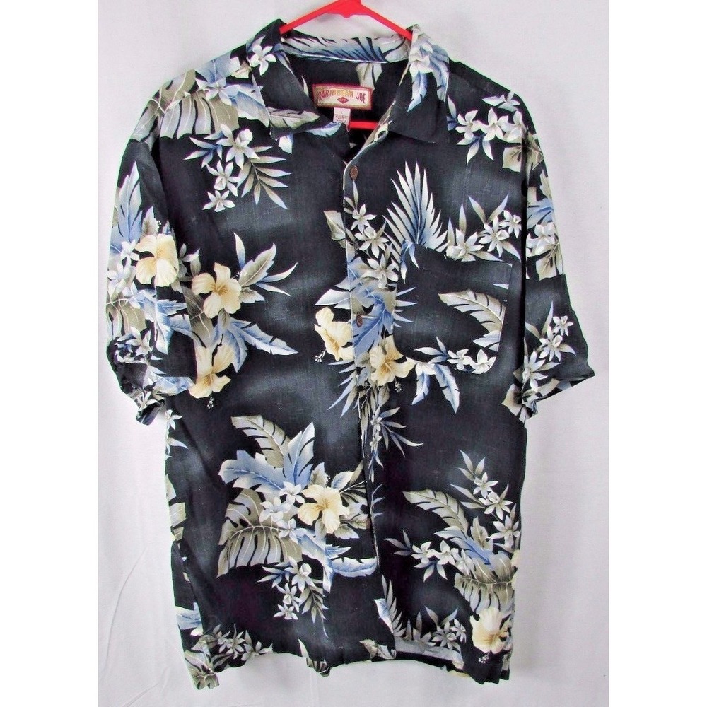Caribbean Joe men's button front L large floral Hawaiian casual shirt black blue